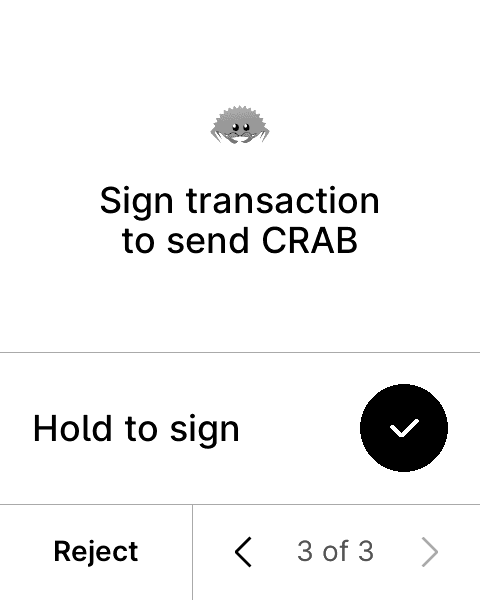 Device screen titled 'Sign transaction to send CRAB' with a 'Hold to sign' instruction