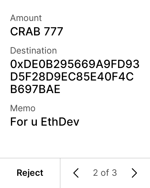 Device screen showing the transaction review: Amount CRAB 777, Destination 0xDE0B295669A9FD93D5F28D9EC85E40F4CB697BAE, Memo 'For u EthDev'
