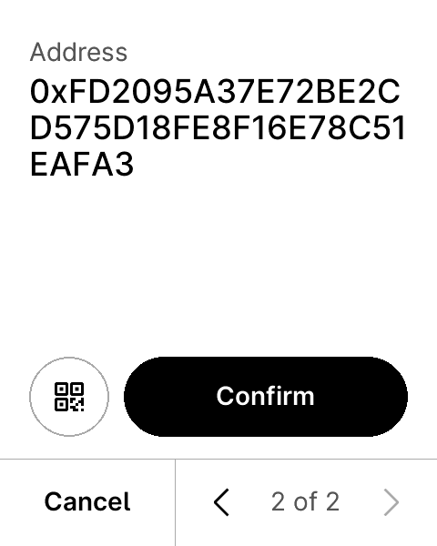 Device screen showing the address 0xFD2095A37E72BE2CD575D18FE8F16E78C51EAFA3 with Confirm and Cancel options